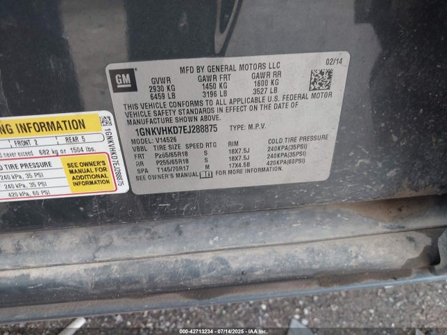 42713234 :رقم المزاد ، 1GNKVHKD7EJ288875 vin ، 2014 Chevrolet Traverse 2lt مزاد بيع