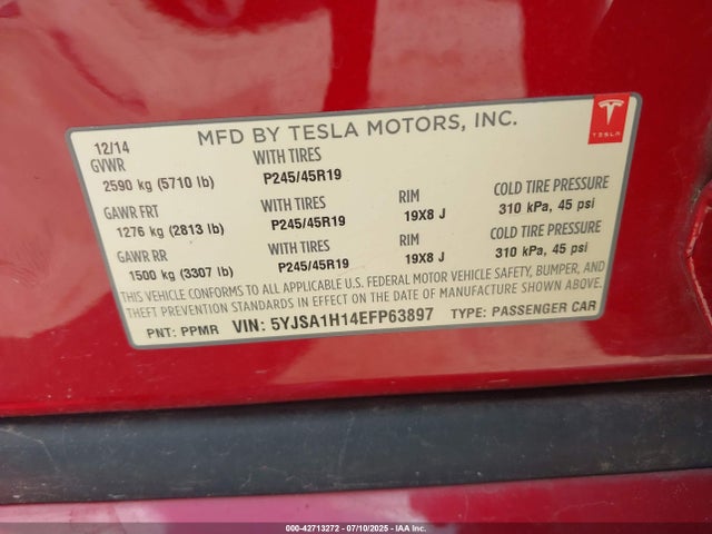 2014 TESLA MODEL S 5YJSA1H14EFP63897 Photo 8