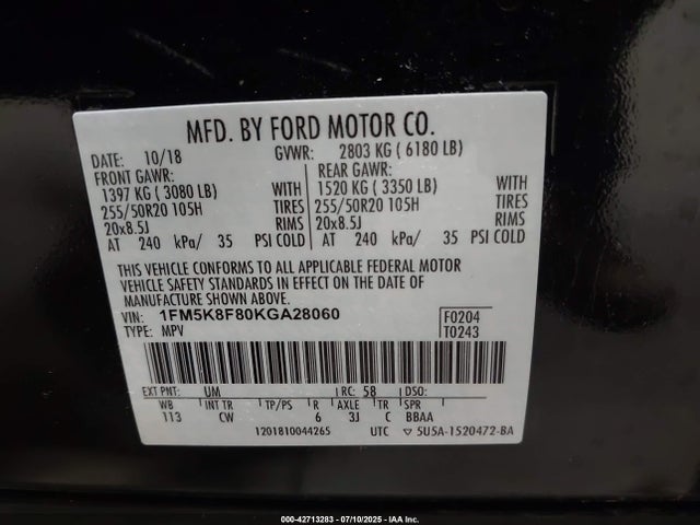 1FM5K8F80KGA28060 Ford 3.5l ti-vct