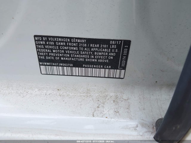 WVWWF7AU7JW063758 Volkswagen 2018