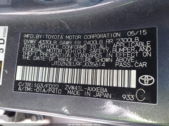 JTDZN3EU9FJ035614 Toyota 2zr-fxe+5jm