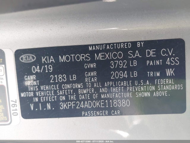 3KPF24AD0KE118380 KIA mpi nu