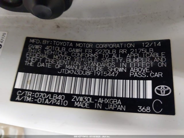Toyota 2zr-fxe+3jm 2015 JTDKN3DU8F1915447 Image 9