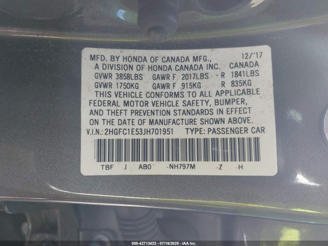 Honda l15b7 2018 2HGFC1E53JH701951 Image 9