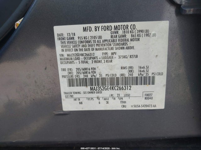 MAJ3S2GE4KC266312 Ford 2019