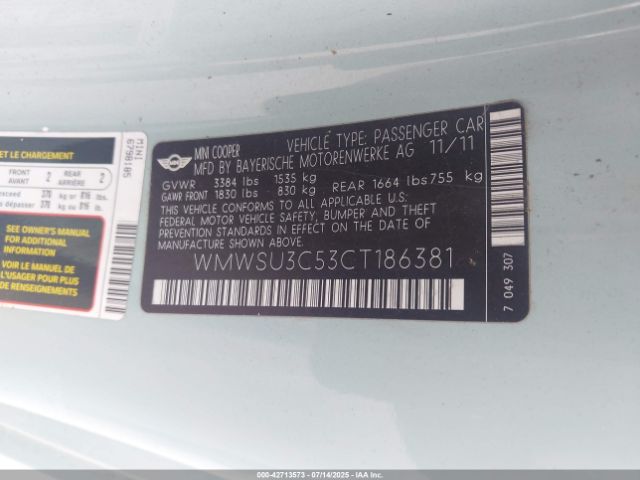 2012 MINI COOPER WMWSU3C53CT186381 Photo 8