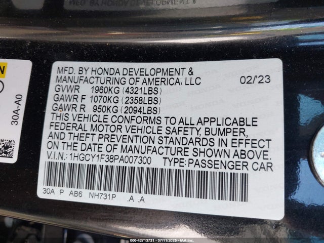 1HGCY1F38PA007300 Honda l15be