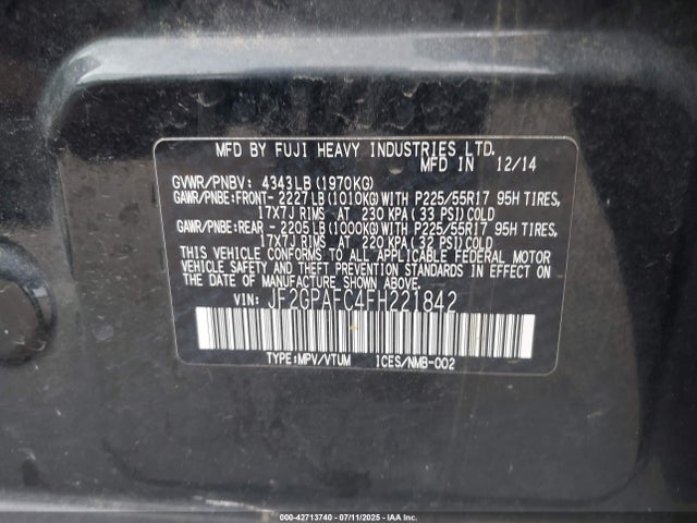 JF2GPAFC4FH221842 Subaru 2.0l naturally aapirated