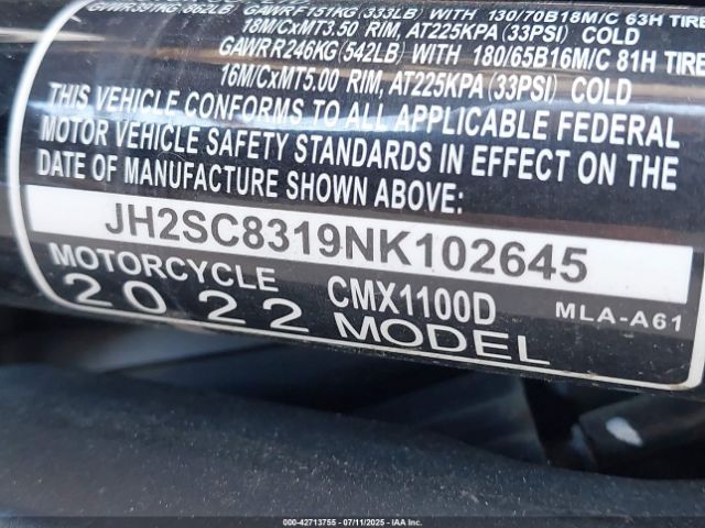 2022 HONDA CMX1100 JH2SC8319NK102645 Photo 9