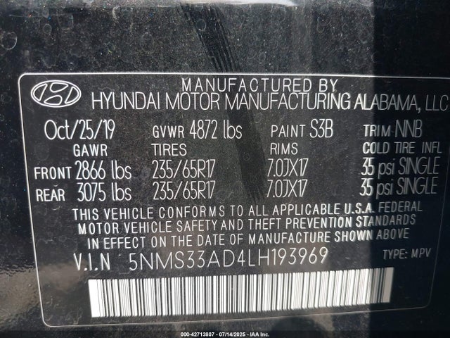 5NMS33AD4LH193969 Hyundai Santa Fe Sel
