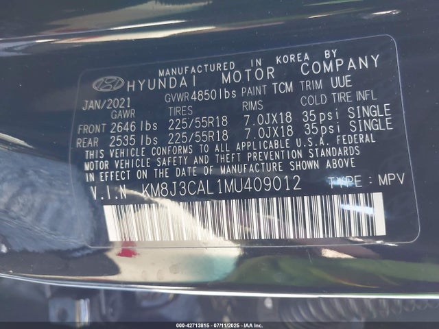 KM8J3CAL1MU409012 Hyundai gdi theta ii