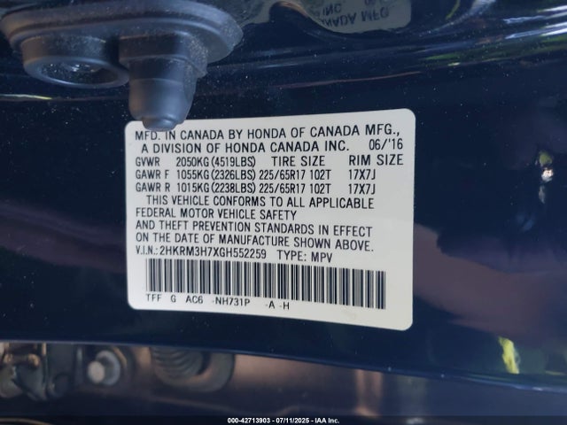 2HKRM3H7XGH552259 Honda k24w9