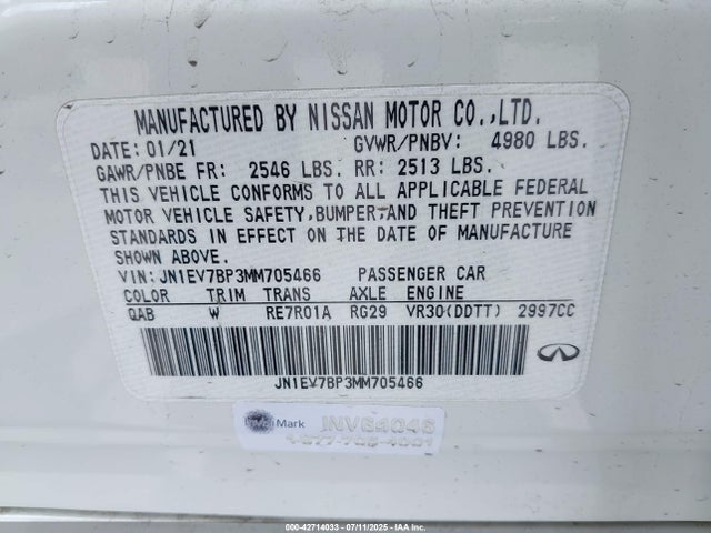 JN1EV7BP3MM705466 Infiniti 3.0l t