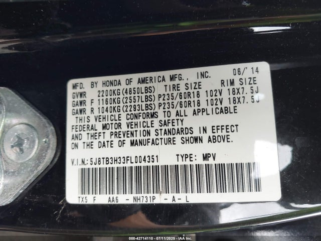 Acura j35z2 2015 5J8TB3H33FL004351 Image 9