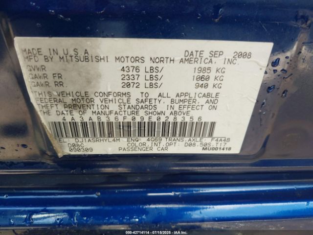 2009 MITSUBISHI GALANT 4A3AB36F09E028356 Photo 8