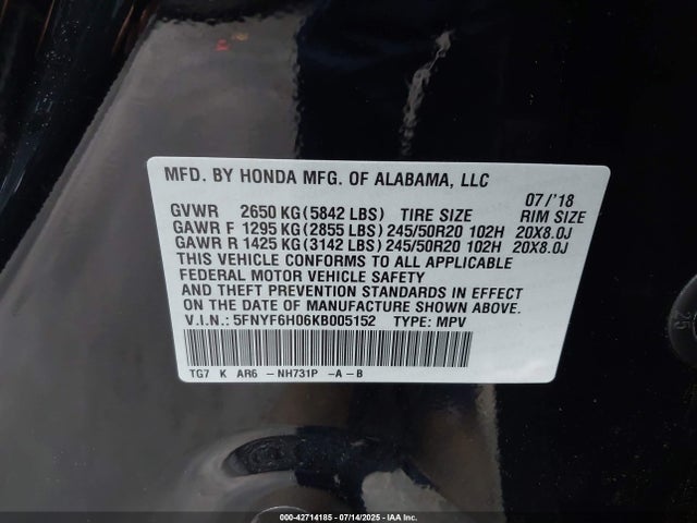 Honda j35y6 2019 5FNYF6H06KB005152 Image 9