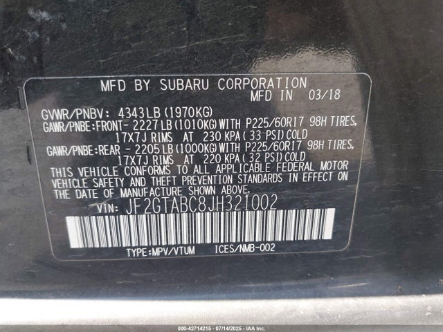 JF2GTABC8JH321002 Subaru naturally aspirated