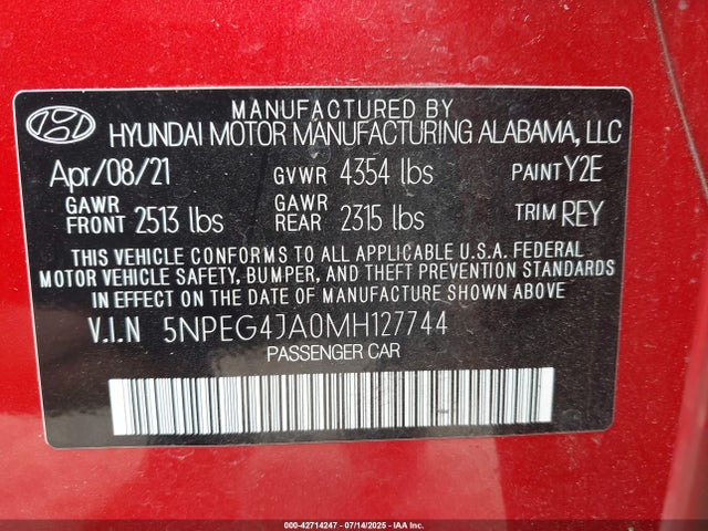 5NPEG4JA0MH127744 Hyundai gdi theta iii