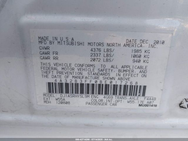 2011 MITSUBISHI GALANT 4A32B3FF0BE017268 Photo 8