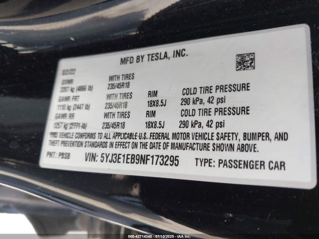2022 TESLA MODEL 3 5YJ3E1EB9NF173295 Photo 8