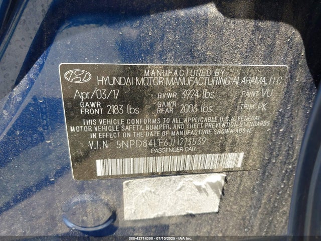 5NPD84LF6JH213539 Hyundai mpi nu