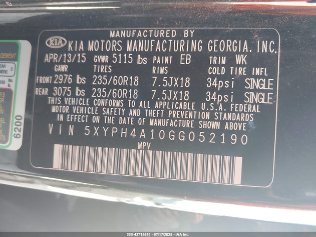 5XYPH4A10GG052190 KIA dohc t-gdi theta ii