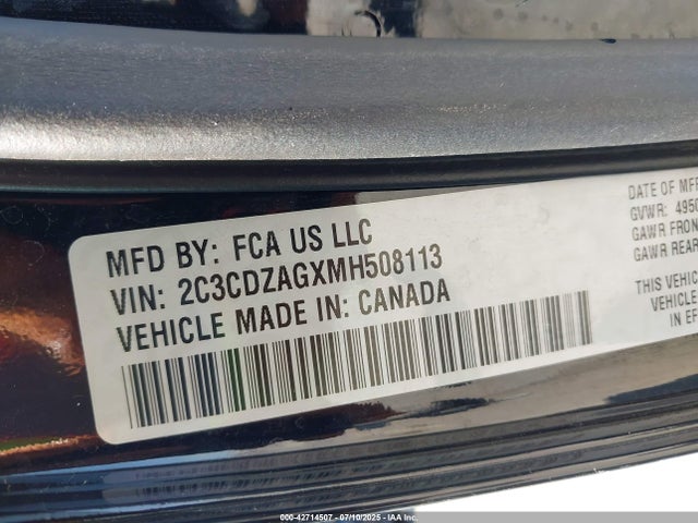 2C3CDZAGXMH508113 Dodge 2021