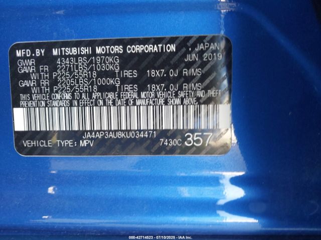 2019 MITSUBISHI OUTLANDER SPORT JA4AP3AU8KU034471 Photo 8