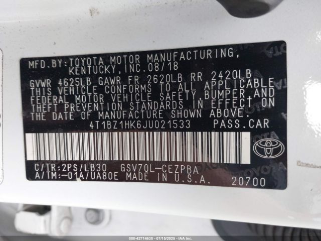 2018 TOYOTA CAMRY 4T1BZ1HK6JU021533 Photo 8