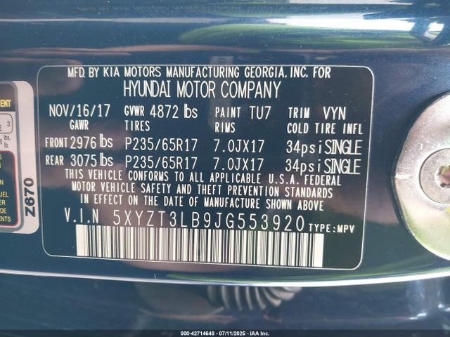 5XYZT3LB9JG553920 Hyundai gdi theta ii