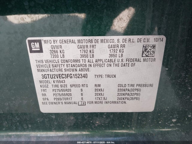 3GTU2VEC3FG152340 GMC l83 - vvt, active fuel management, aluminum
