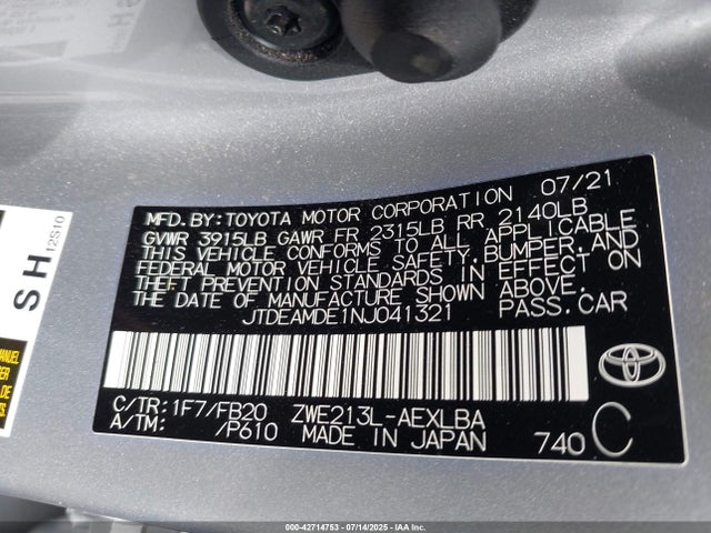 JTDEAMDE1NJ041321 Toyota 2zr-fxe, 1nm