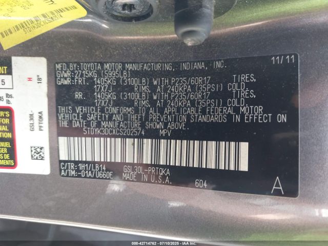 2012 TOYOTA SIENNA 5TDYK3DCXCS202574 Photo 8