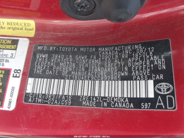 2012 TOYOTA COROLLA 2T1BU4EE9CC892865 Photo 8