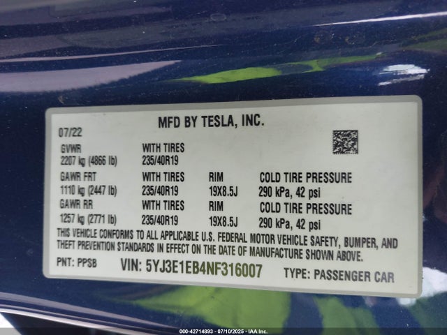 2022 TESLA MODEL 3 5YJ3E1EB4NF316007 Photo 8