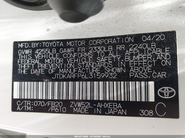 Toyota 2zr-fxe+1nm+1sm 2020 JTDKARFP6L3159932 Image 9