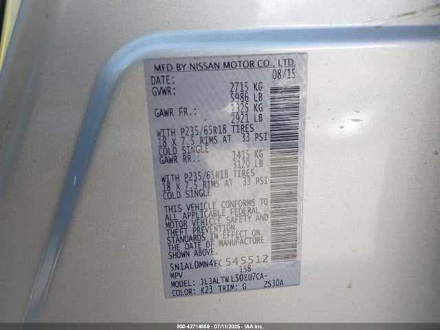 Infiniti 2015 2015 5N1AL0MN4FC545512 Image 9