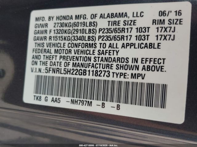 2016 HONDA ODYSSEY 5FNRL5H22GB118273 Photo 8