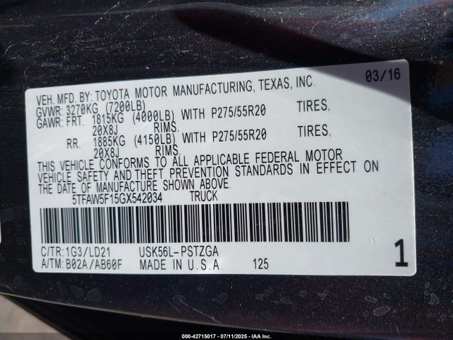 5TFAW5F15GX542034 Toyota 3ur-fbe