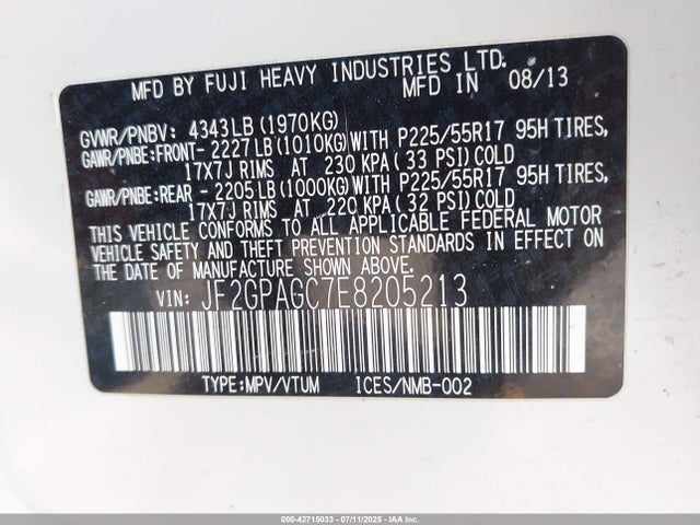JF2GPAGC7E8205213 Subaru 2.0l na