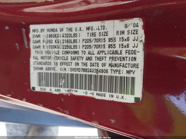 2004 HONDA CR-V SHSRD78824U254906 Photo 8