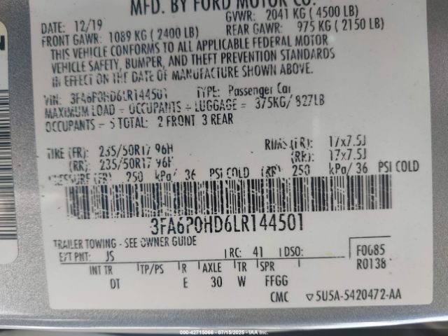 2020 FORD FUSION 3FA6P0HD6LR144501 Photo 8