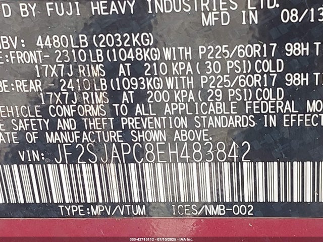 JF2SJAPC8EH483842 Subaru 2.5na u5