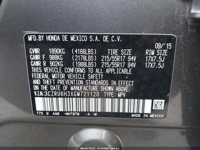 3CZRU6H3XGM721120 Honda r18z9