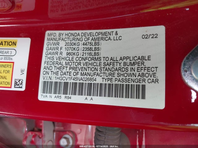 1HGCV1F45NA026854 Honda l15be