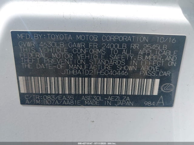JTHBA1D21H5040446 Lexus 8ar-fts