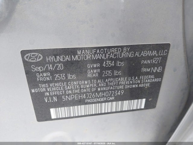 5NPEH4J26MH072349 Hyundai t-gdi gamma ii