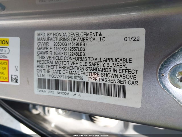 1HGCV3F11NA010796 Honda lfb2