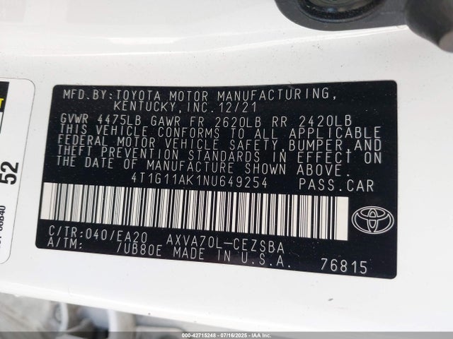 4T1G11AK1NU649254 Toyota a25a-fks