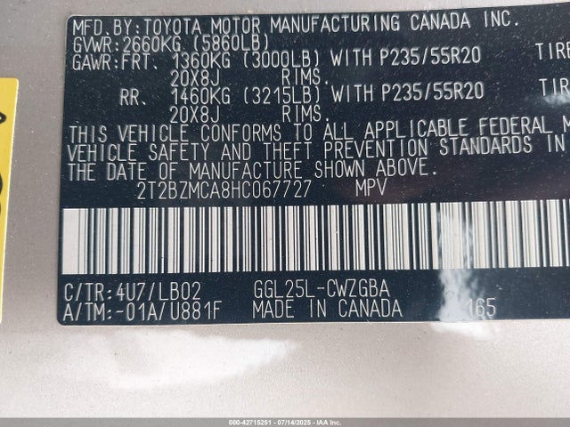 Lexus 2017 2017 2T2BZMCA8HC067727 Image 9